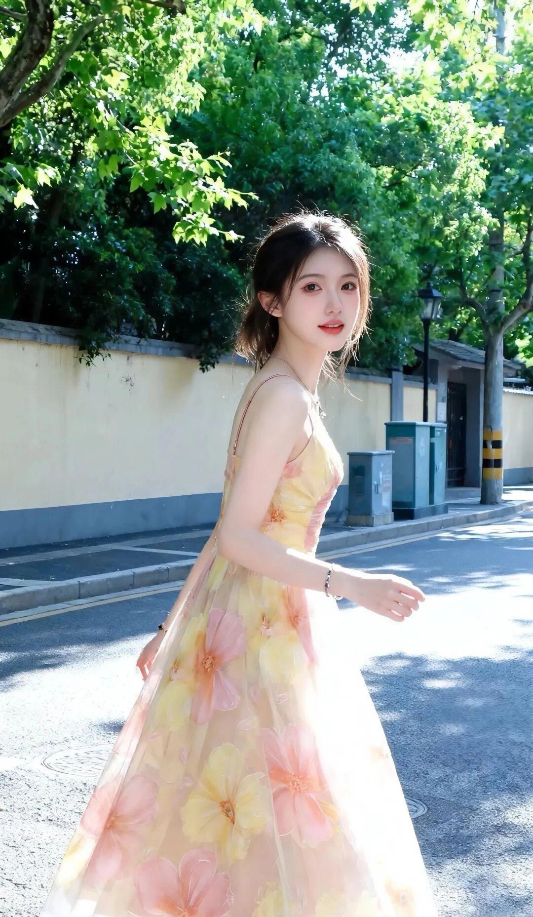 整体呈现清新、明媚、灵动的春日氛围，暖黄与柔粉交织的花色长裙搭配绿意背景，尽显少