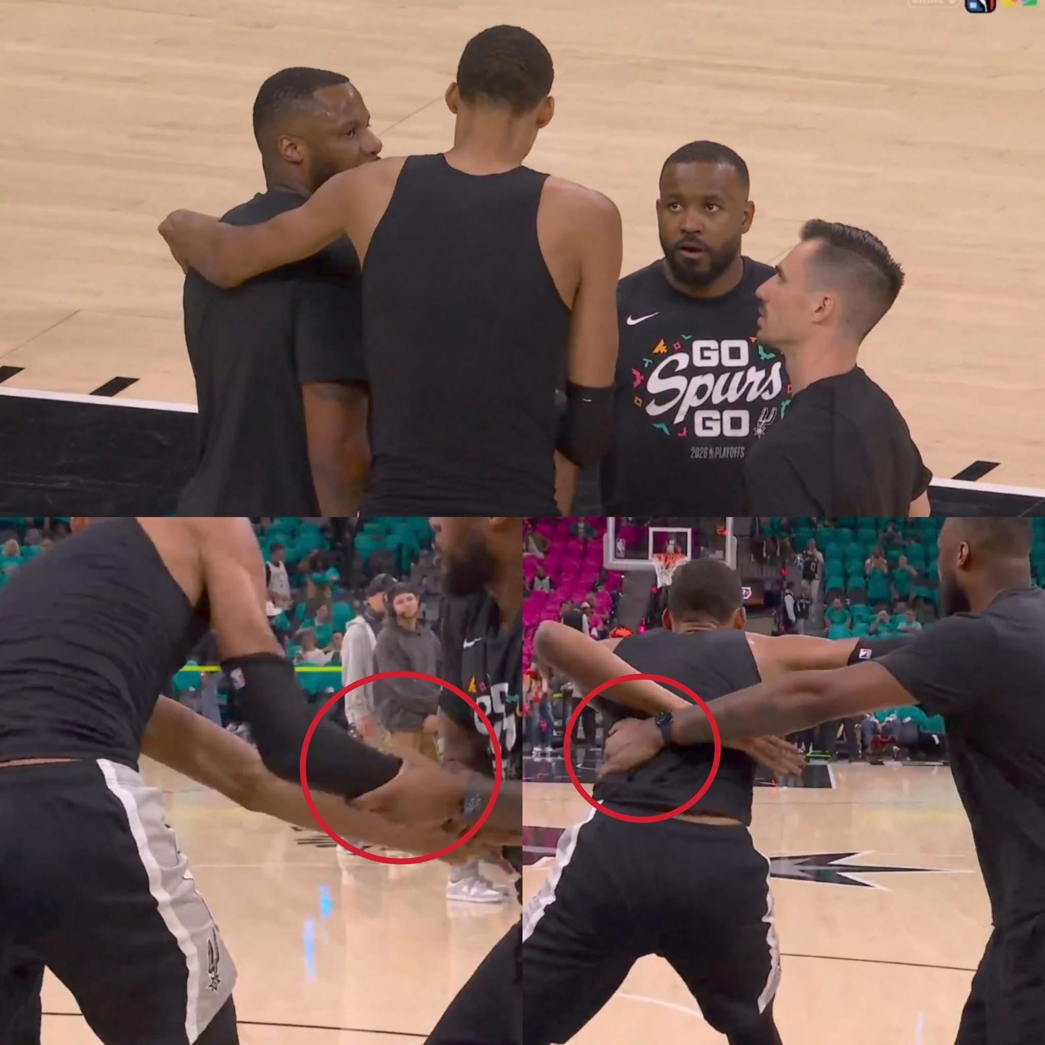 NBA 文班亚马赛前真的在和教练们练习被拉拽和犯规。文班亚马告诉教练们要像哈滕那