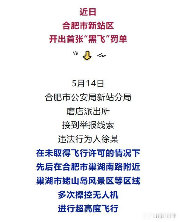 在合肥有无人机的注意了，千万不要“黑飞”，一定要合法合规飞行，不然下一位可能就是