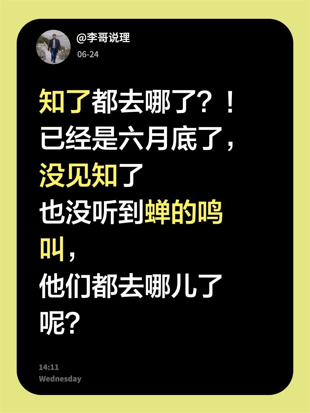 知了都去拿了，现在已经是六月底了，没见知了也没听到蝉的鸣叫，他们都去哪儿了呢？