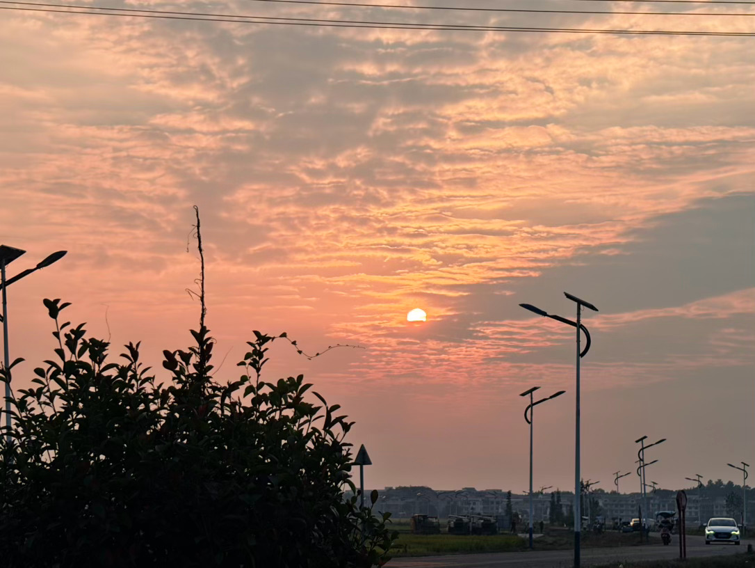 下午去给宝爸买西装了，买完回来路上看到了夕阳🌇真是太美了[抱一抱]娃今天还有点
