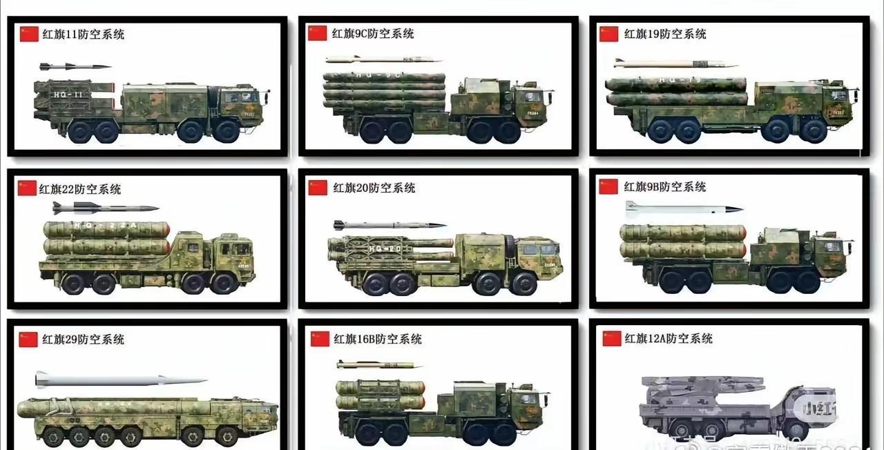 中国低中高防空导弹系统大全集。
低空防空导弹: 红旗11，红旗12。
中空防空导