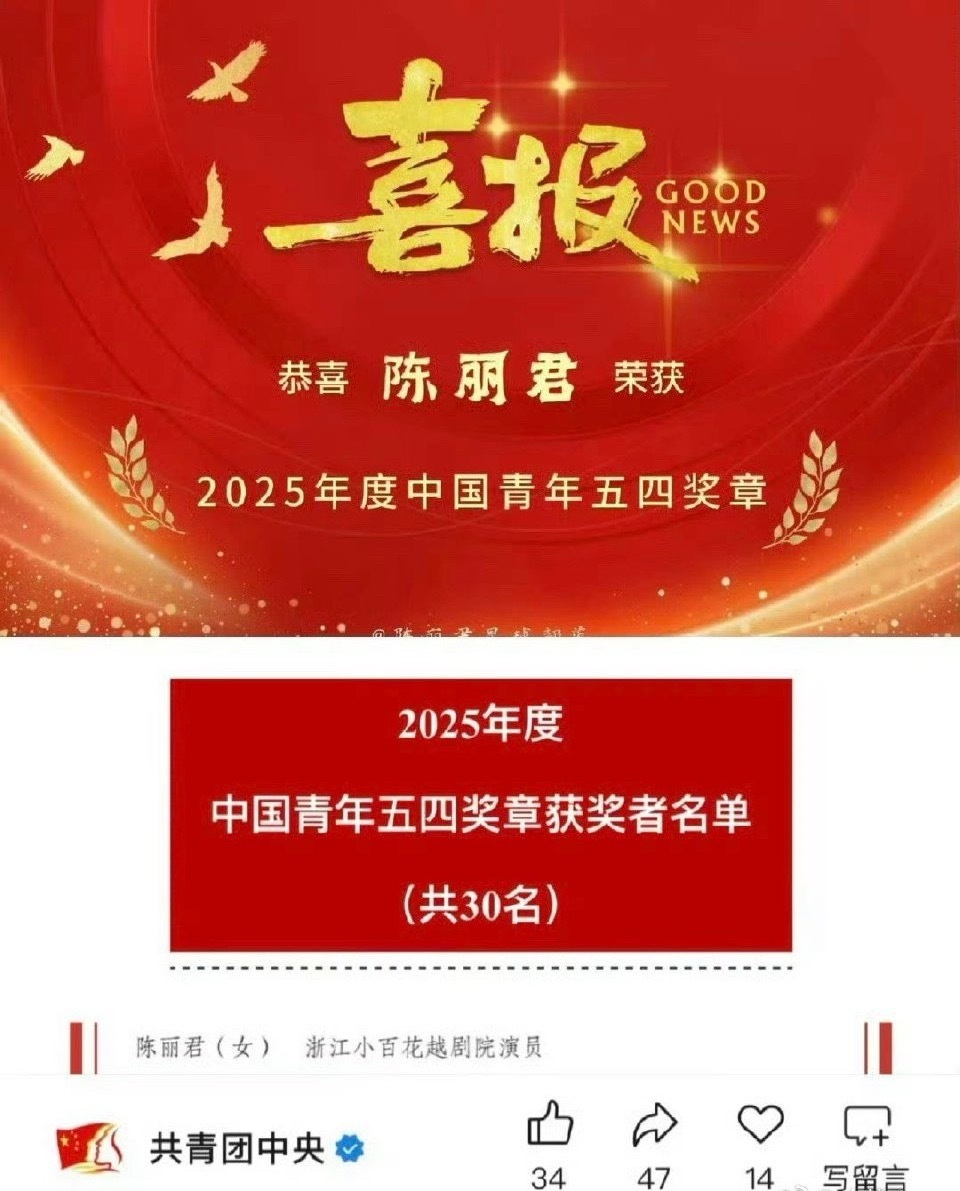 陈丽君还荣获2025年度中国青年五四奖章，双喜临门啊 ​​​