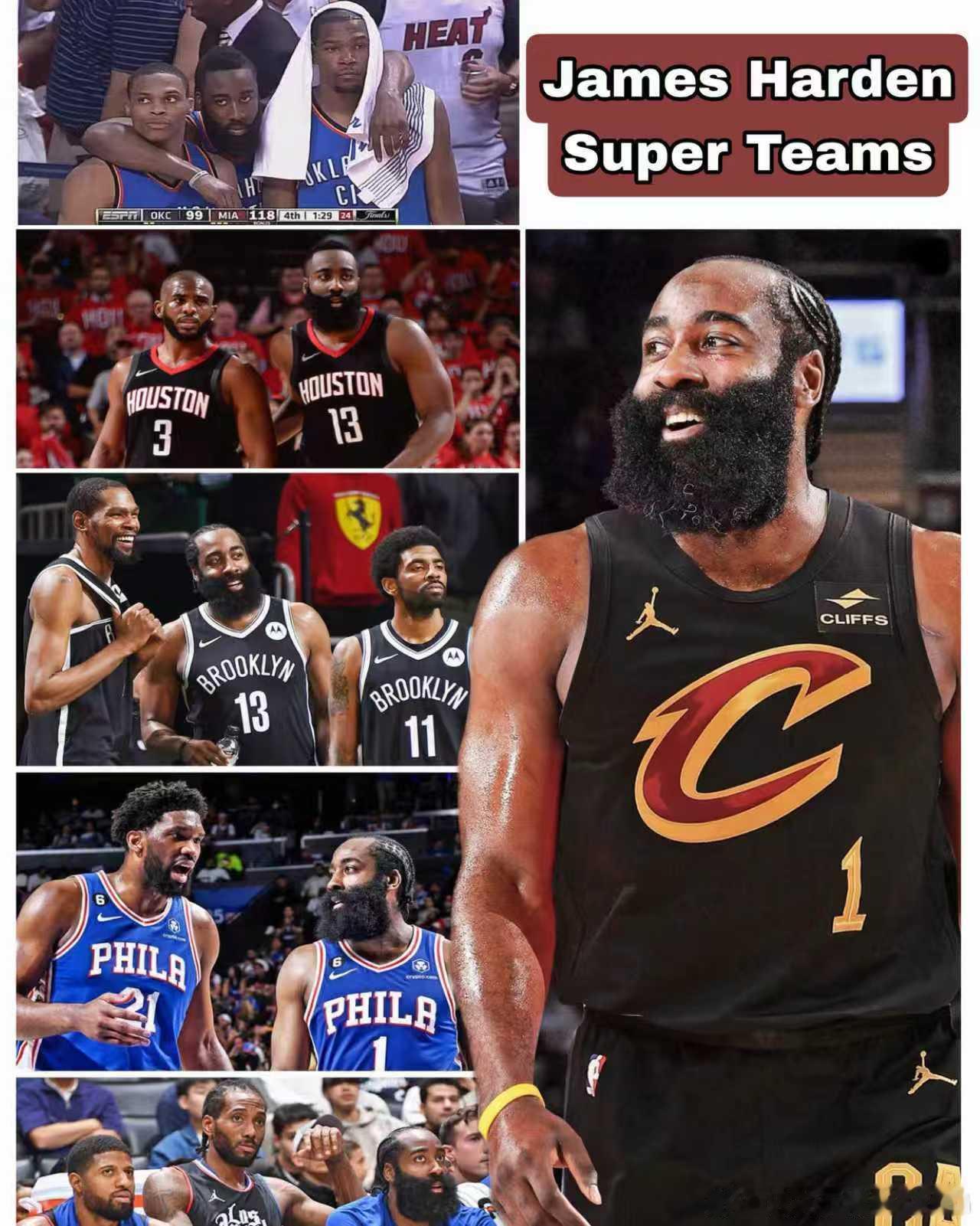 詹姆斯·哈登被交易到克利夫兰骑士队后，现在效力的是他的第六支超级球队。他必须赢得