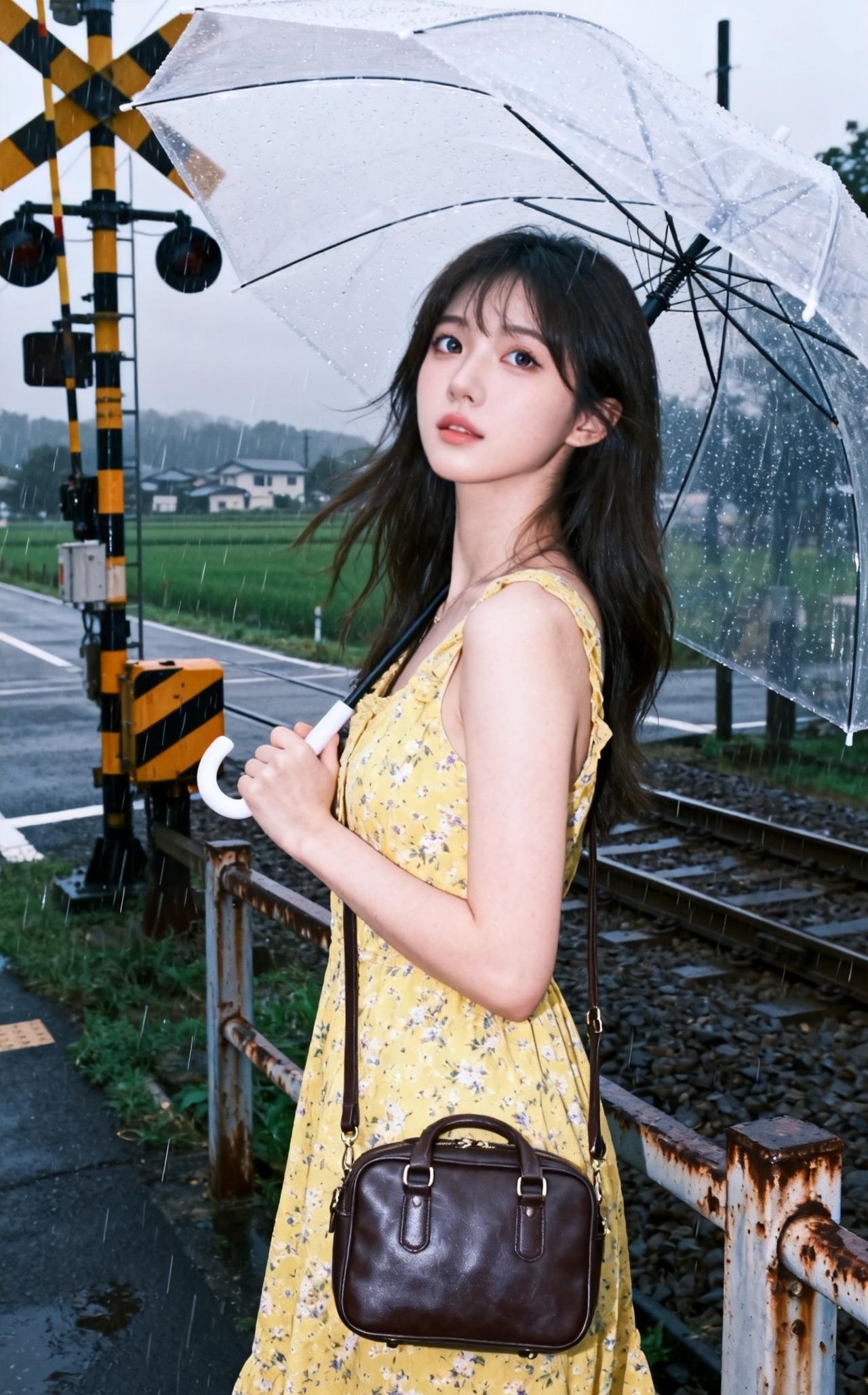 雨中漫步，撑伞少女，清新自然，花裙飘逸，浪漫气息。美女的美丽瞬间分享 少女感穿搭