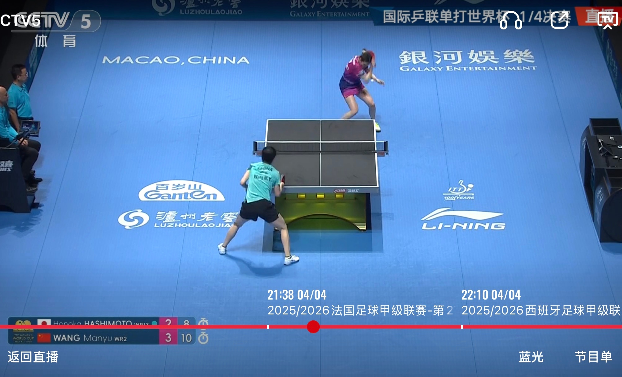王鱼小可爱  王曼昱4比2桥本帆乃香 第五局9:5局末的时候，CCTV5 收视峰