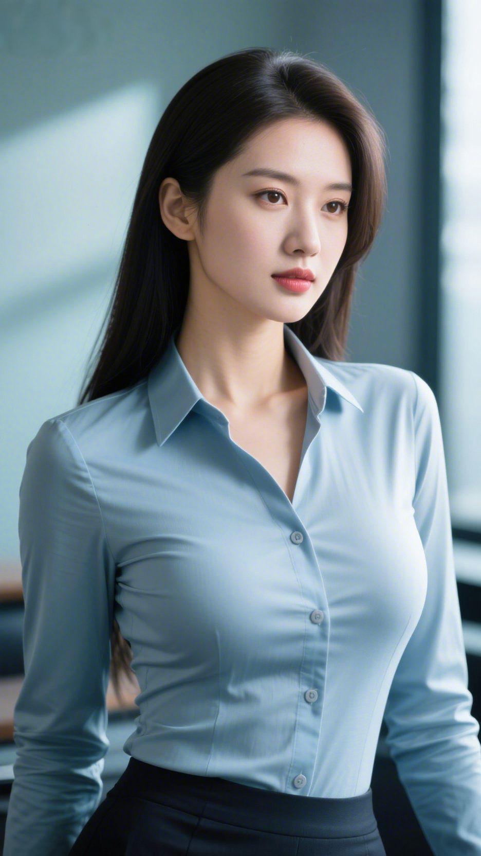 《浅衫裹满办公清光》
 
办公间的柔光刚漫过桌沿时，她立在浅淡的影里，浅蓝衬衫像