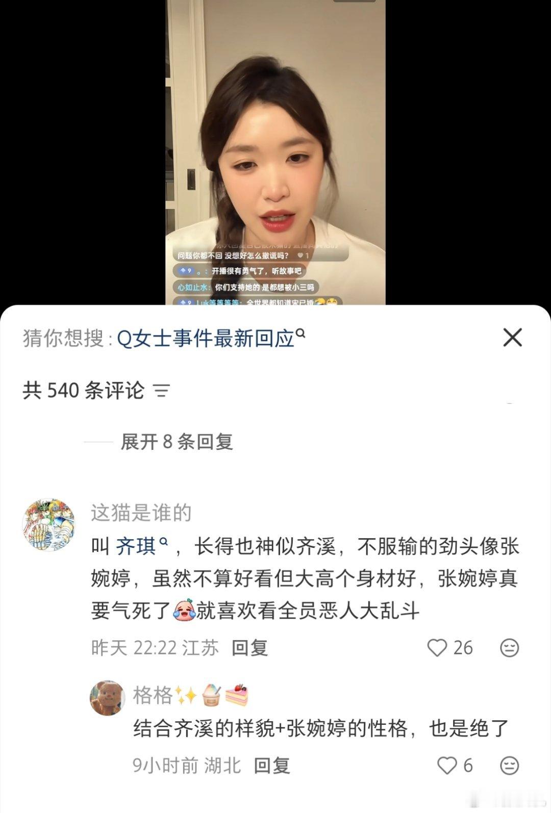 Q女士曝宋宁峰张婉婷视频时她在旁边网友说这个Q女士集齐了宋宁峰前妻齐溪的外形，和