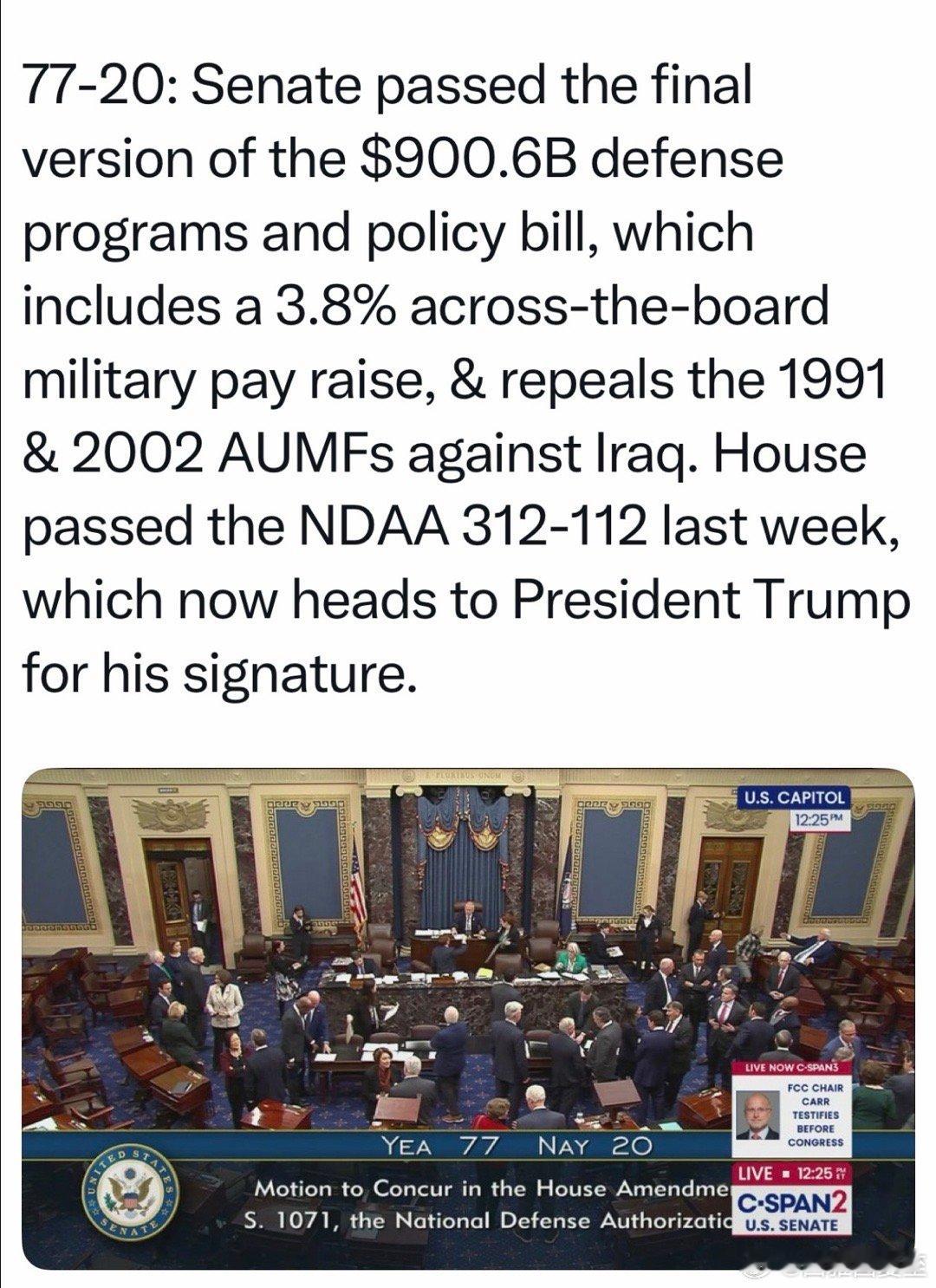 参议院77-20通过2026年$9006亿《国防授权法》众议院上周312-112