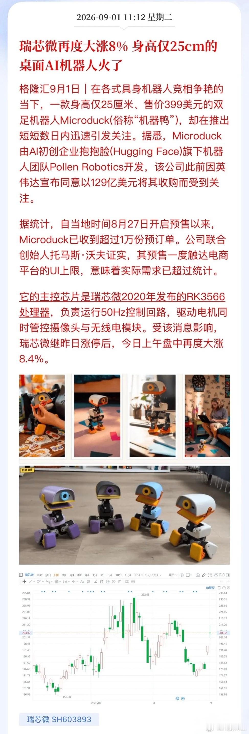 桌面AI机器人爆火！瑞芯微再度大涨8%，这款25厘米“机器鸭”出圈人形机器人赛道