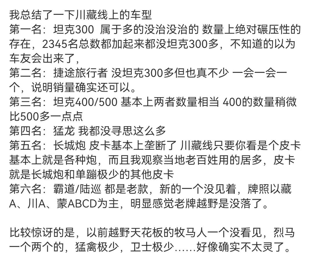 网友总结了川藏线上的车型才发现，原来国产车已经在越野这个领域占据霸主地位，事实上