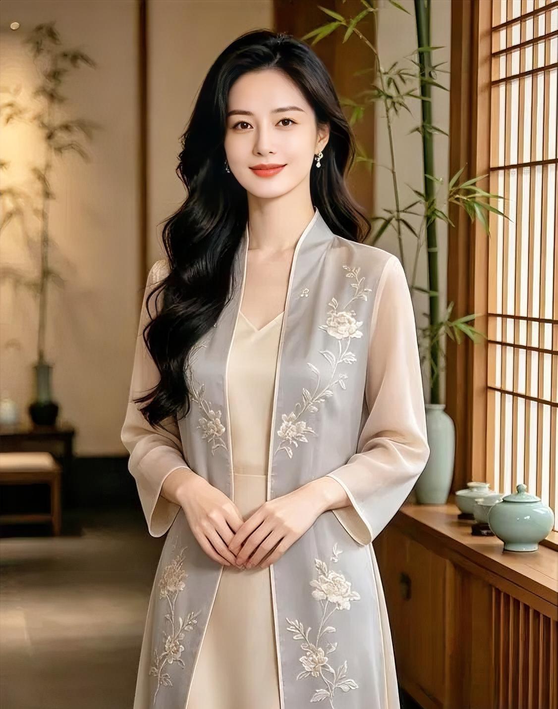 《绣影竹风》

浅灰薄纱，绣满牡丹清雅，

长发微卷，垂落温婉如画。

素手轻交