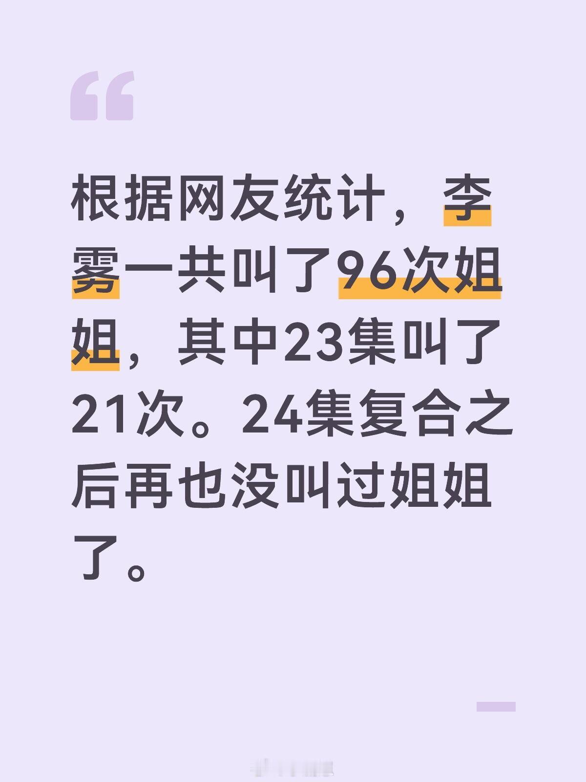 剧版狙击蝴蝶李雾一共叫了多少次姐姐李雾一共叫了96次姐姐，其中23集叫了21次。