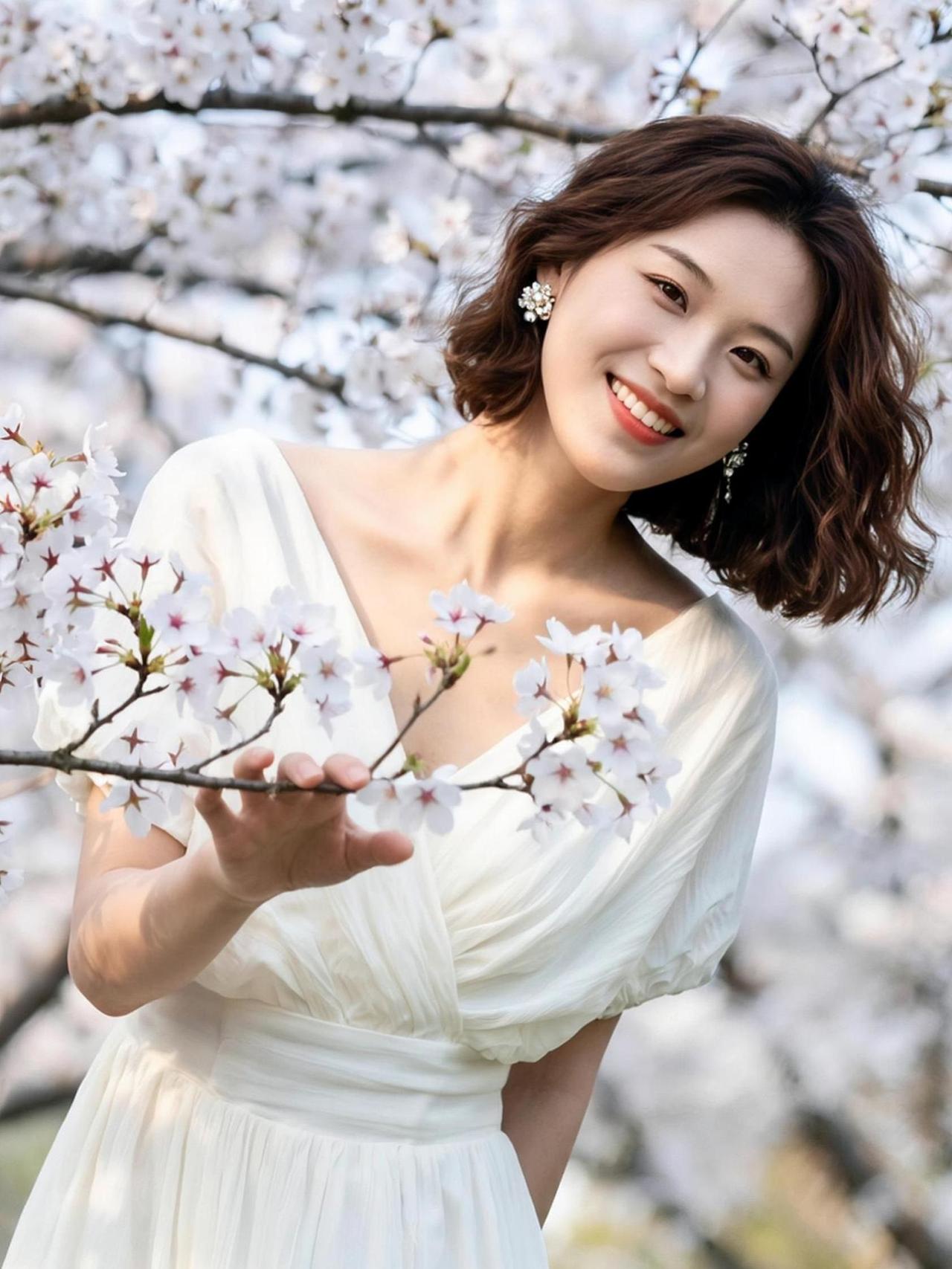 樱花纷飞的瞬间，她轻轻托起一枝春色，仿佛捧住了整个季节的温柔。微风拂过裙摆，时光