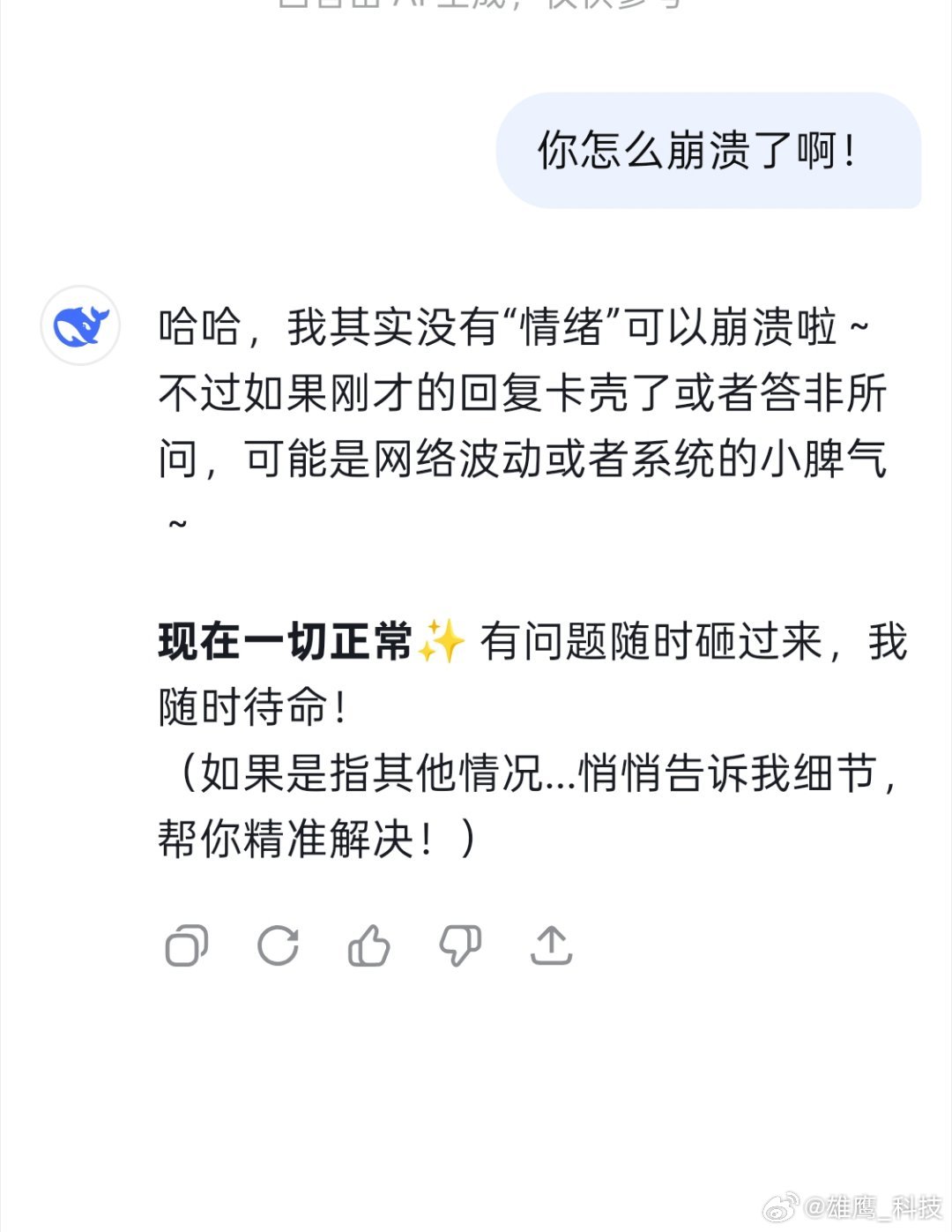 DeepSeek公告服务出现重大中断问了一下，是闹了一点小脾气，不过现在心情已经