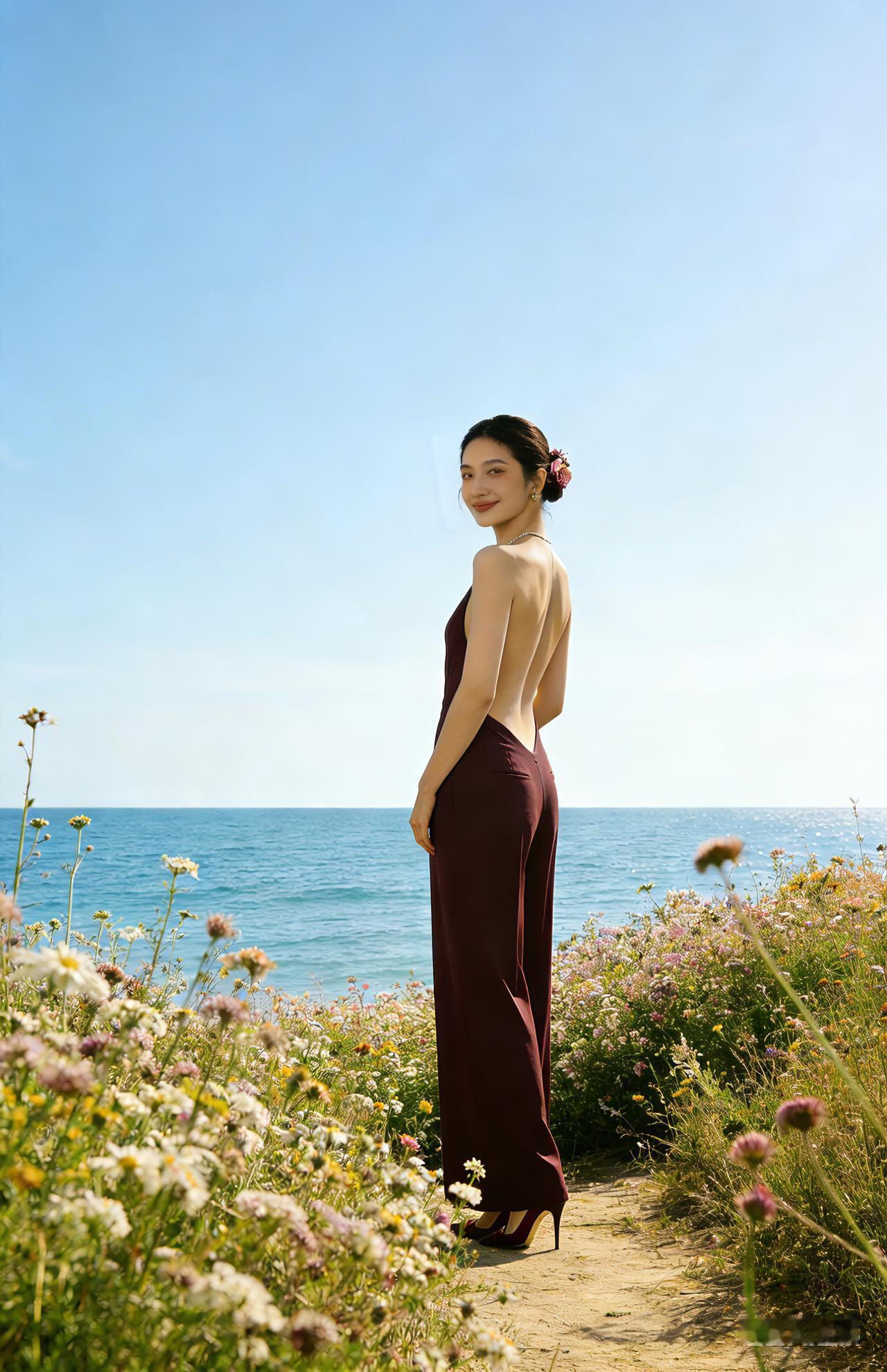 海畔花径
 
紫裙曳露踏芳尘，
野径花香逐晚春。
碧海连天铺锦浪，
晴空万里洗闲