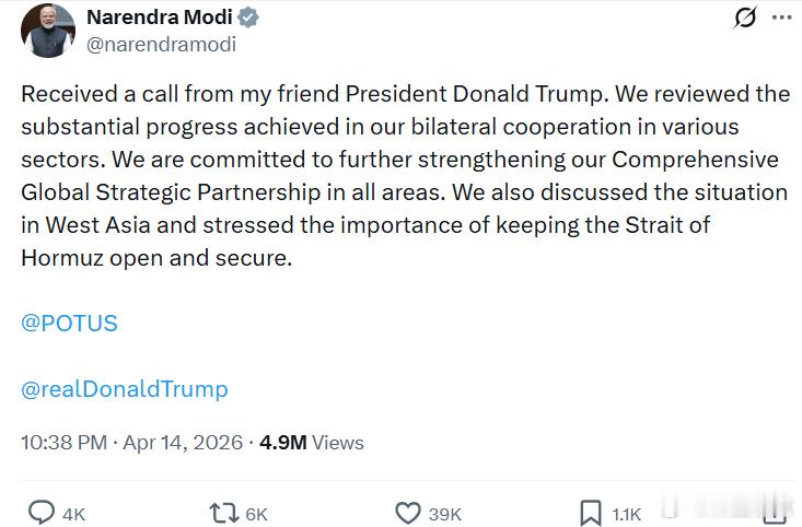 印度总理穆迪：我接到了我的朋友唐纳德·特朗普总统的电话。我们回顾了双方在多个领域
