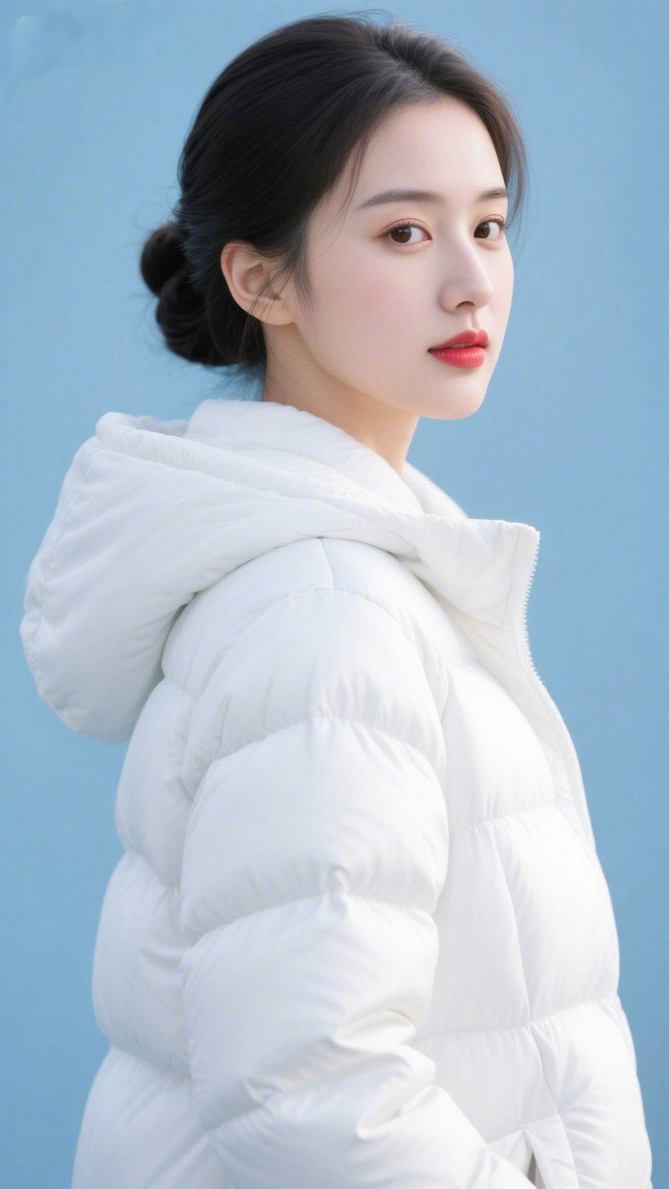 白袄裹尽冬日柔
 
浅蓝底色是滤净的冬空，澄澈得能盛下轻缓的呼吸。她身着蓬松白袄