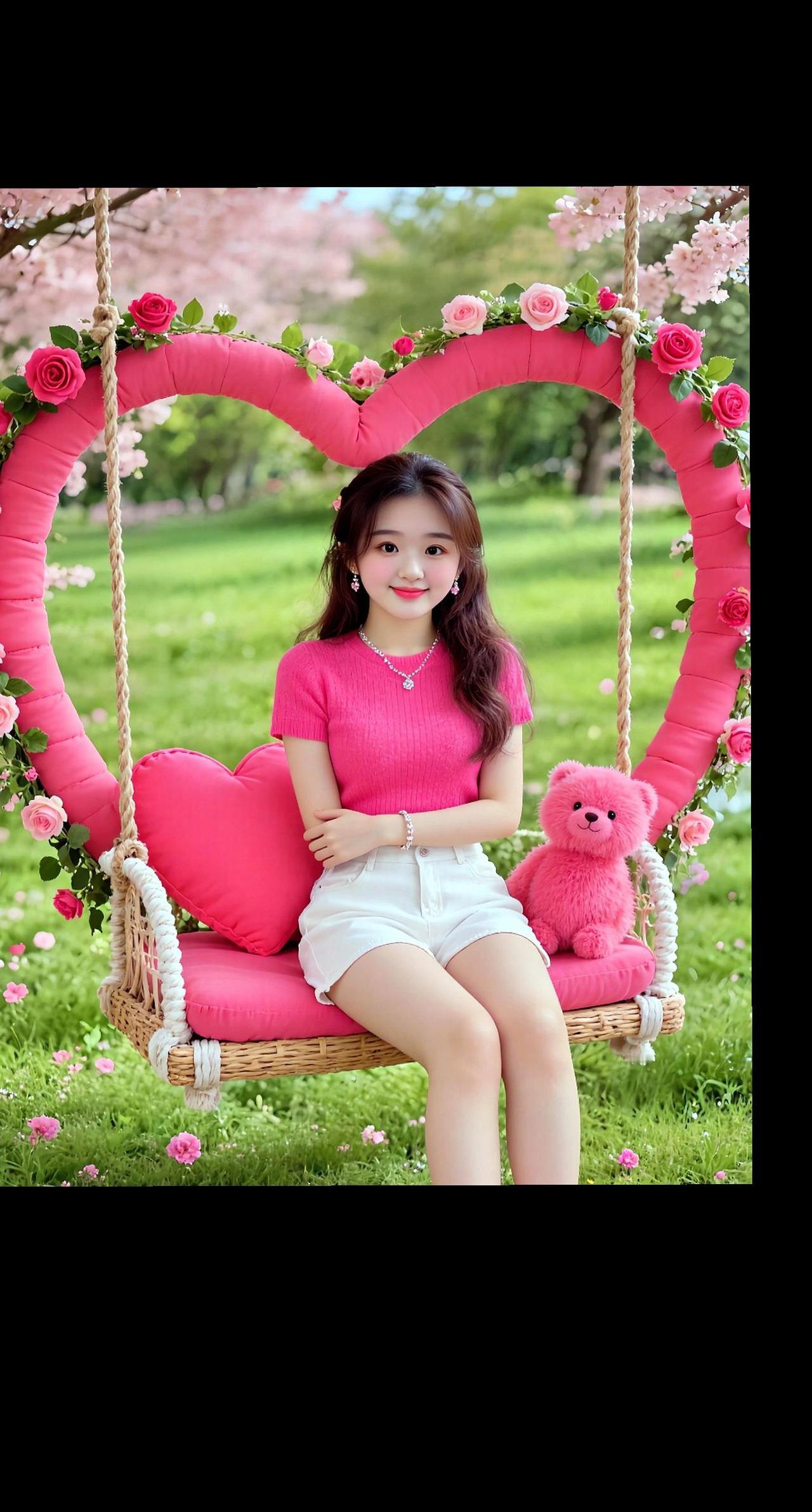 AI春日少女写真 抖音ai创作 心形秋千 浪漫花海秋千