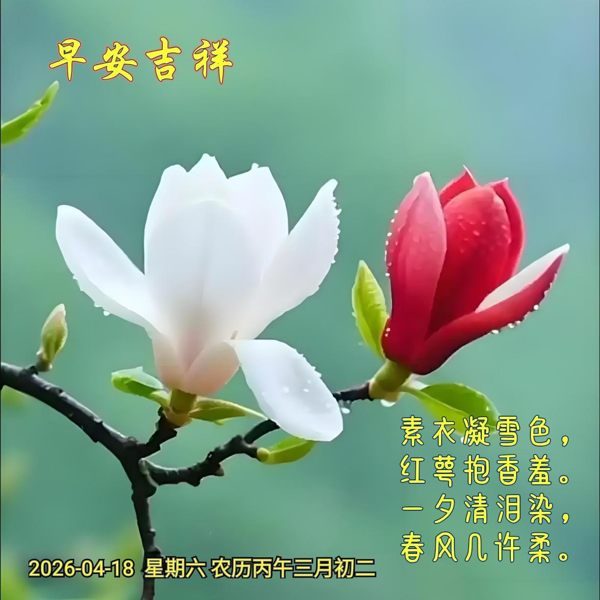 《玉兰花》2
素衣凝雪色，
红萼抱香羞。
一夕清泪染，
春风几许柔。