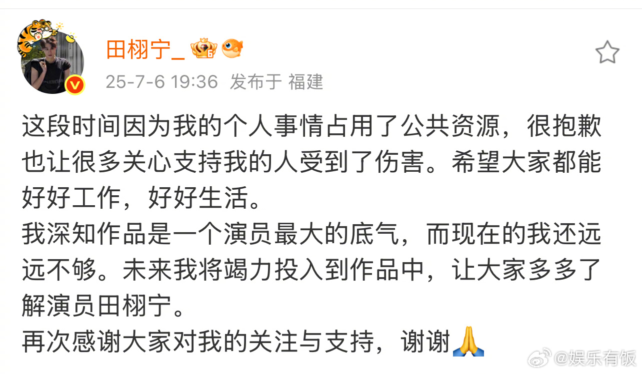 田栩宁道歉 发文就近期事件道歉：“这段时间因为我的个人事情占用了公共资源，很抱歉
