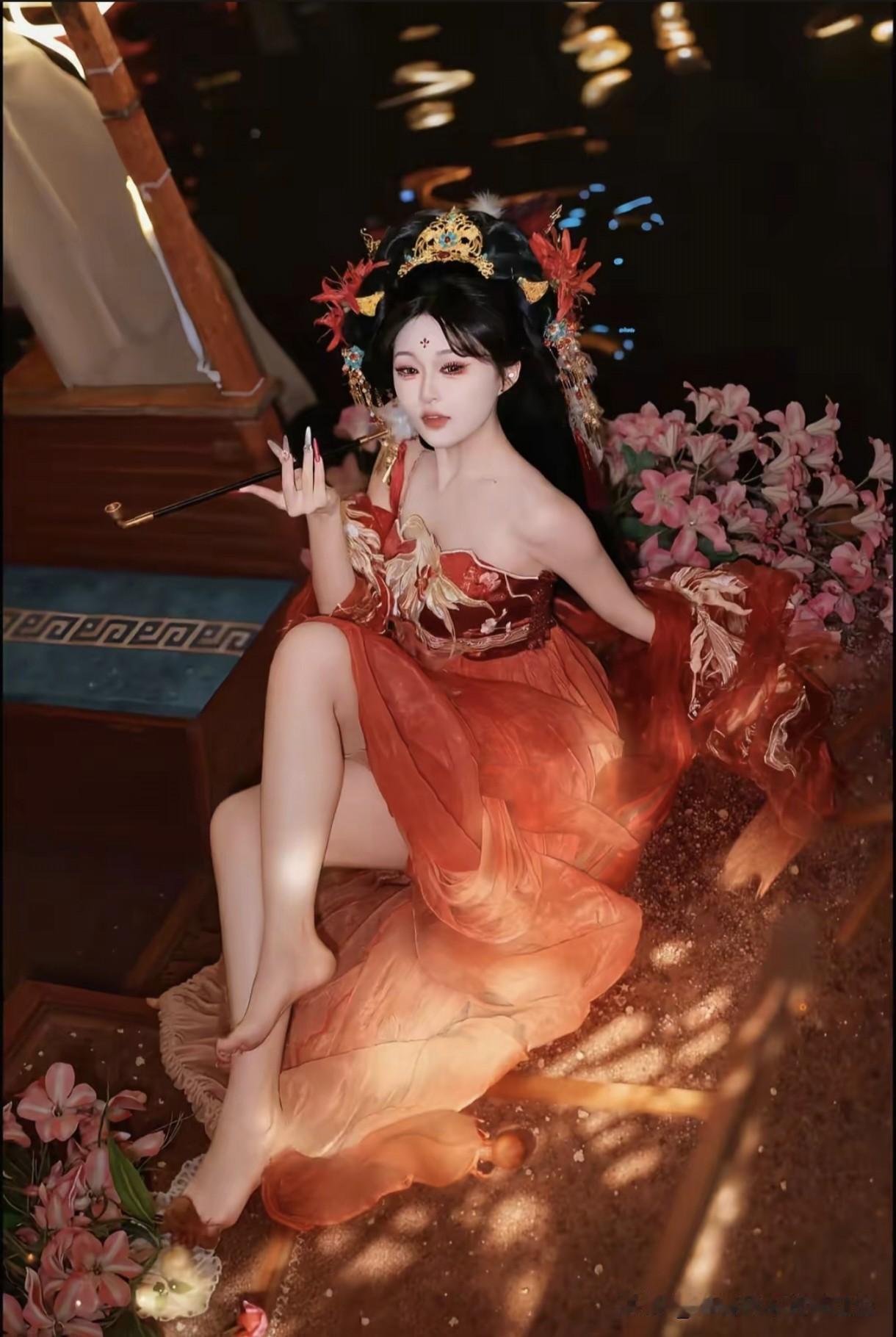 红衣飘逸，花影摇曳，如梦似幻。