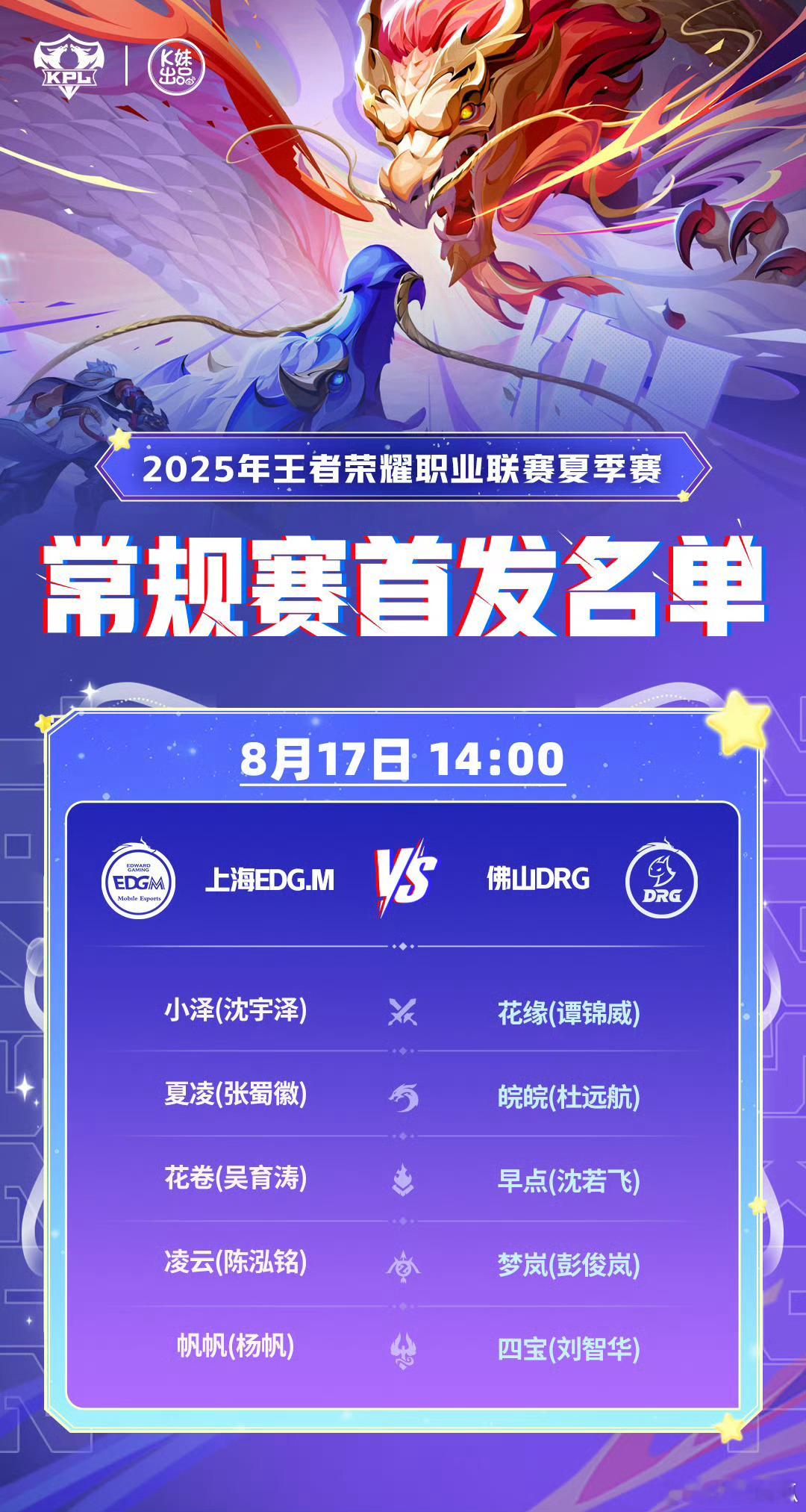 2025KPL夏季赛今日首发名单 ​​​