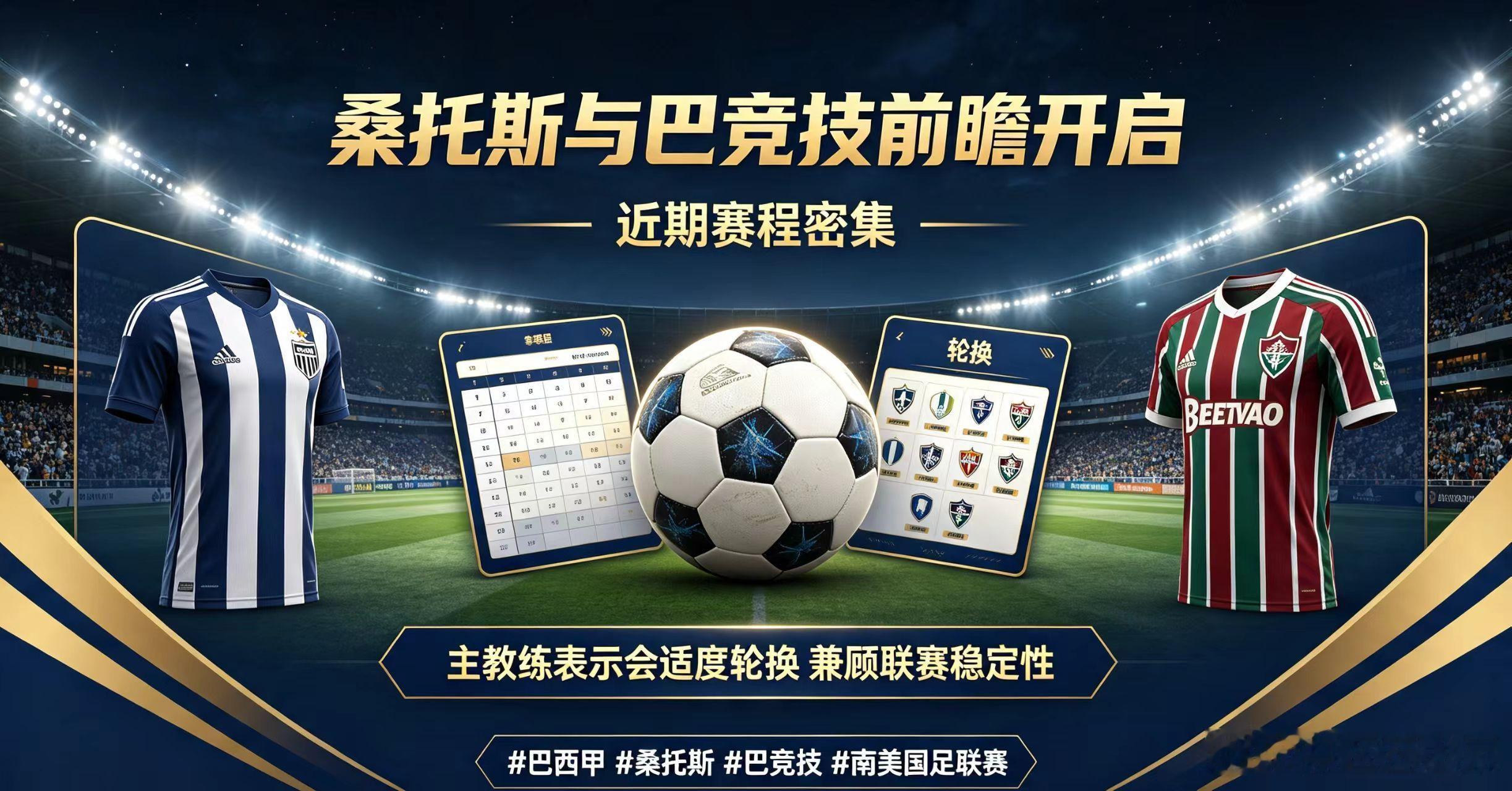 巴西甲桑托斯与巴竞技前瞻开启，两支队伍近期赛程密集，主教练纷纷表示会适度轮换，兼