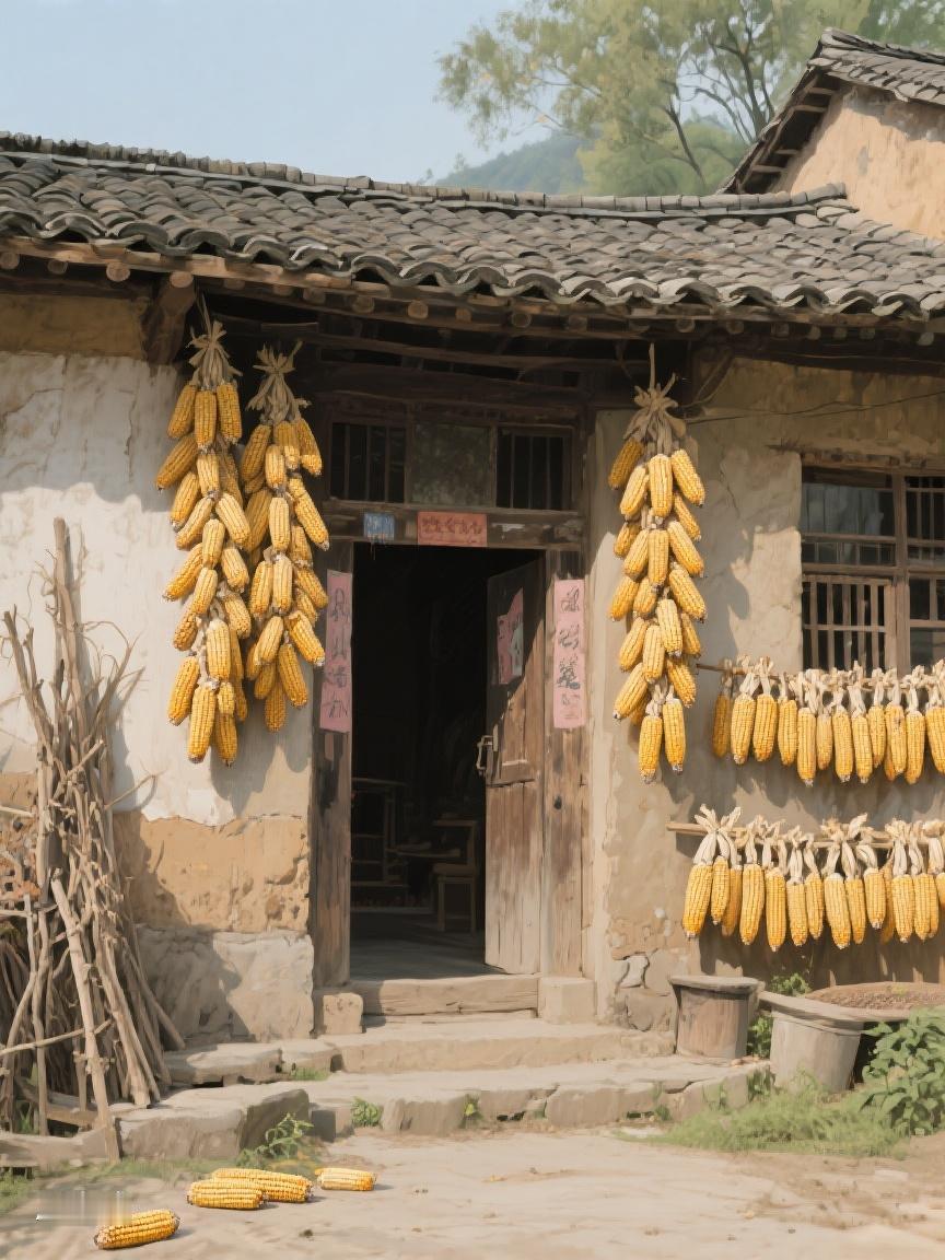 AI妙生图老屋里，玉米串起岁月。它见证风雨，似在诉说：平凡日子也有别样诗意🌾