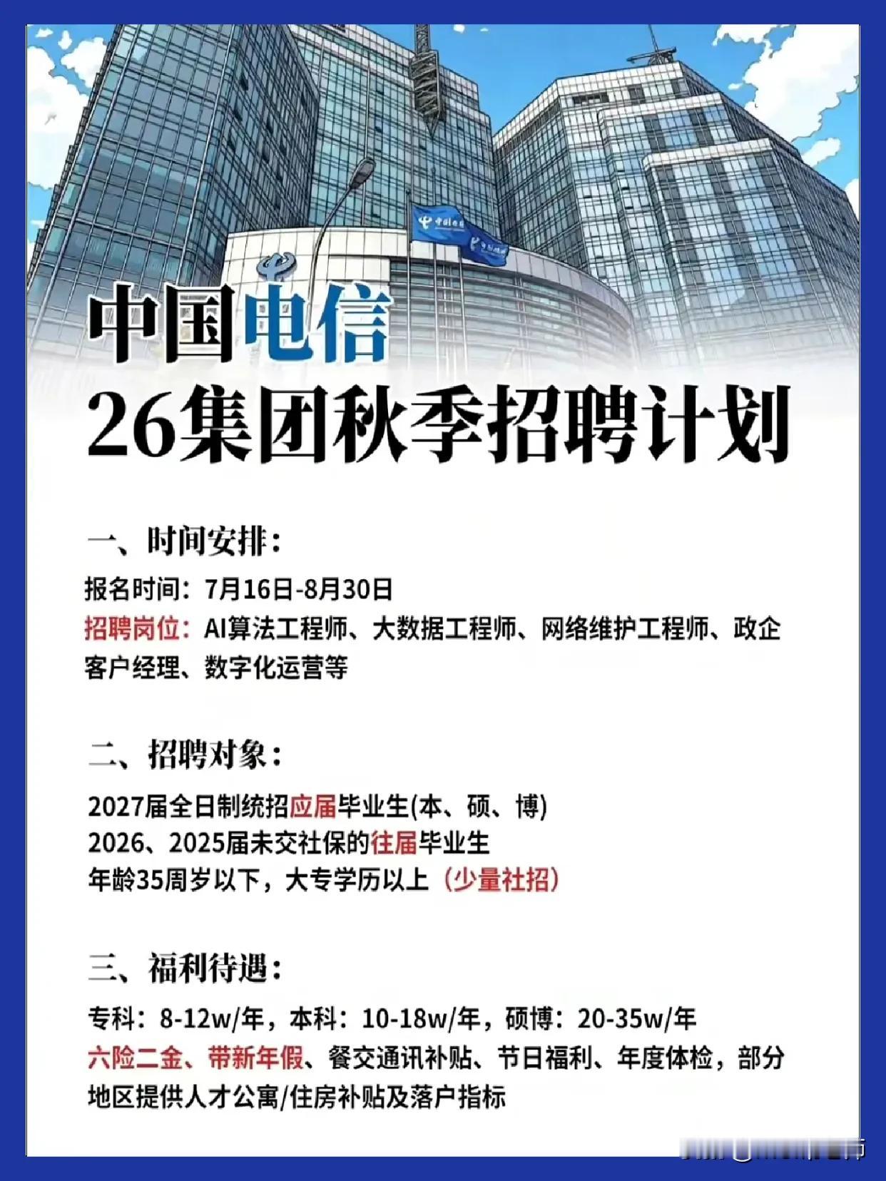 同学们，中国电信这次秋季招聘是真金白银砸出来的机会，不是走过场，也不是画大饼。你