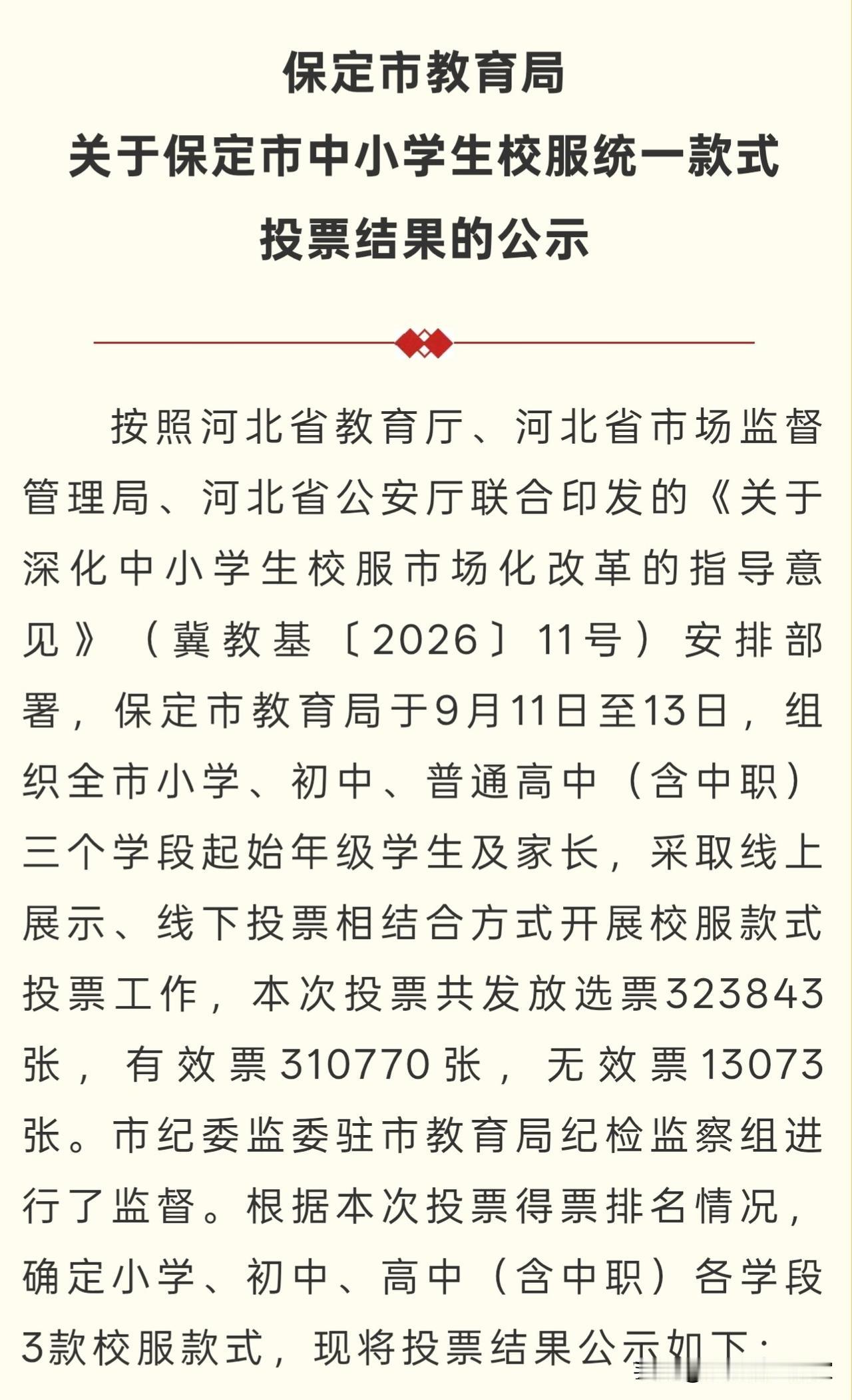 保定统一中小学校服投票落幕！聊聊新款校服的亮点与顾虑！
 
最近保定中小学统一校
