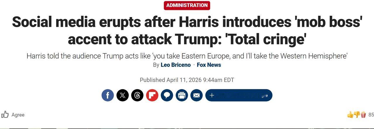 美国前副总统哈里斯称特朗普是“黑帮老大”（mob boss）
当地时间周五，在民