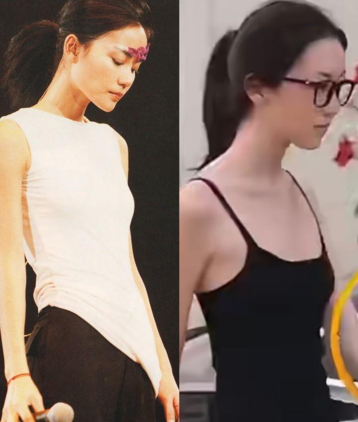 李嫣这身形，从侧面看，真的像极了王菲，但是在不化妆的情况下，还能看出上唇有一些异