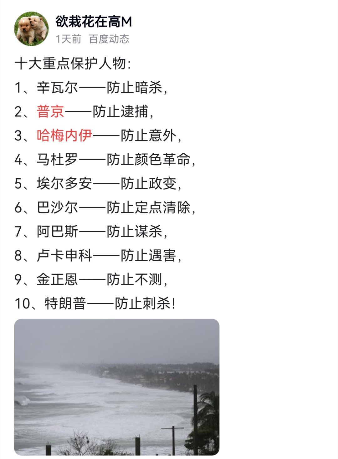 #看图说话# 几天前看到这个《十大重点保护人物》，还没来得及转发，辛瓦尔没了。 