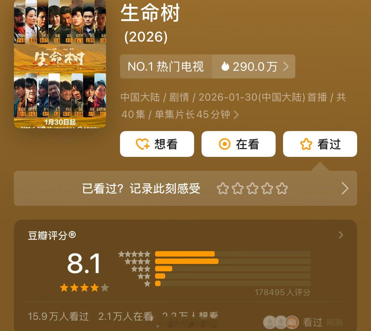 杨紫新剧生命树豆瓣开分8.1分，你们觉得这部剧的评分高了还是低了呢？