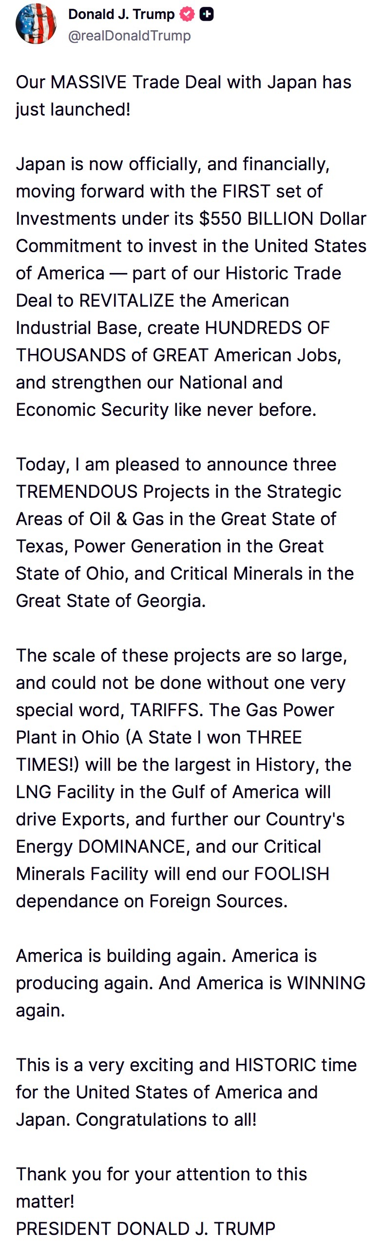 昨夜今晨，美国总统特朗普在社交媒体发文称，美日重大贸易协议已正式启动，日本开始落