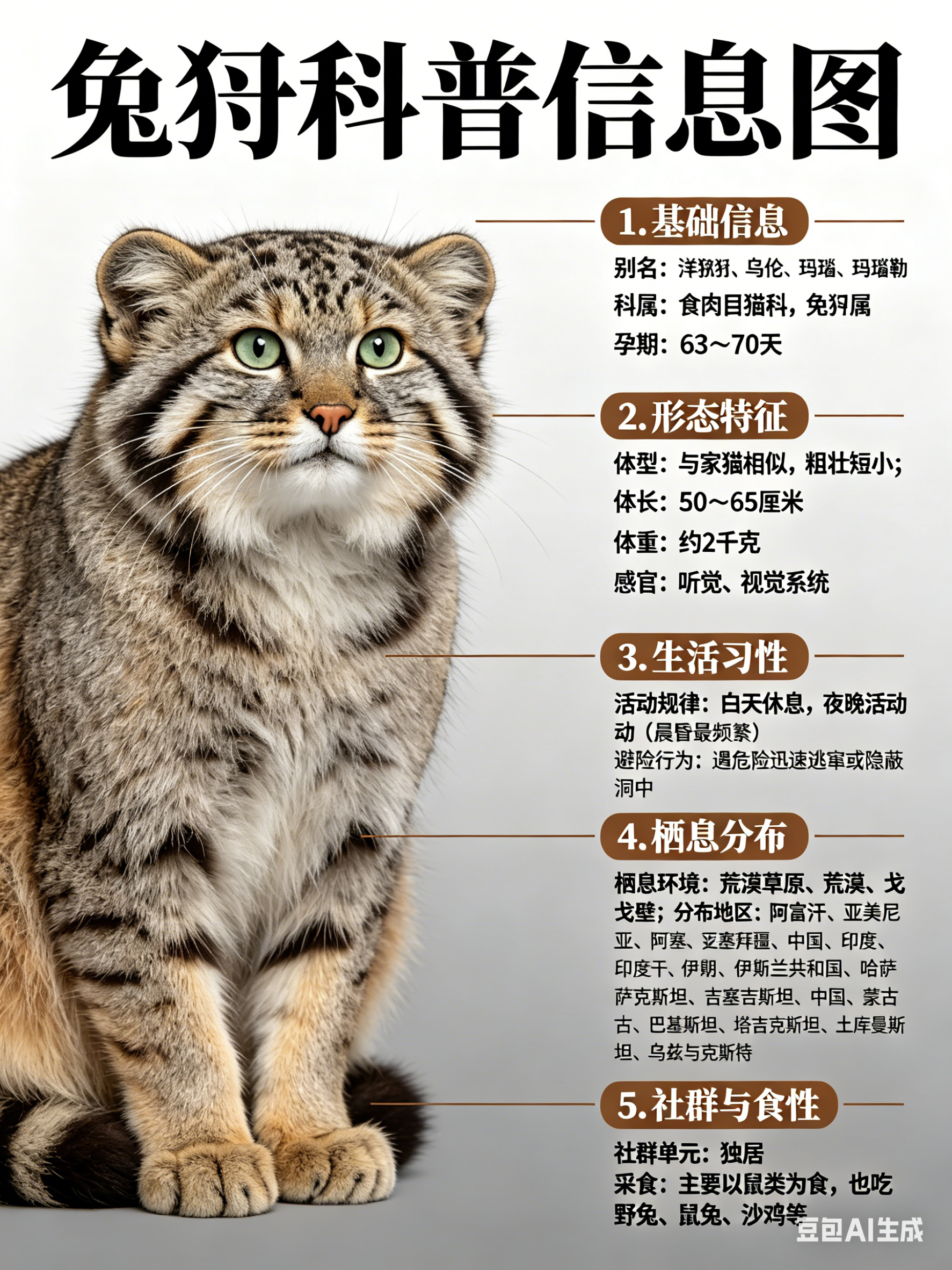奇妙生物圈 兔狲别名：洋猞猁、乌伦、玛瑙、玛瑙勒科属：食肉目猫科，兔狲属孕期：6