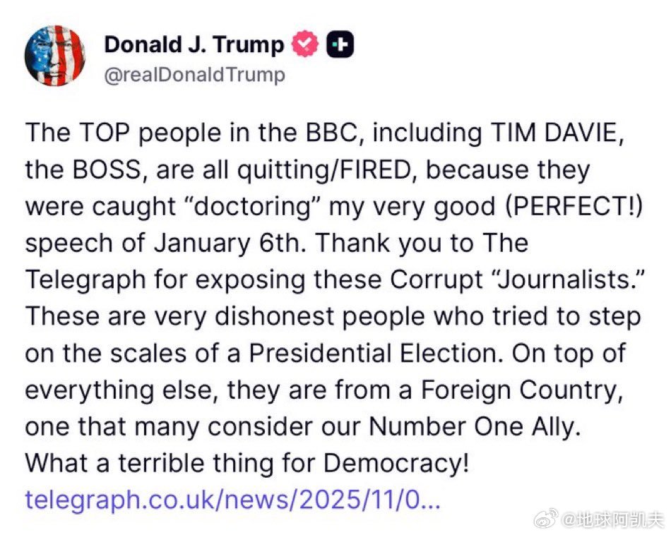 ‼️英国前女首相Liz Truss转发特朗普发文，表示：“我很高兴美国总统和世界