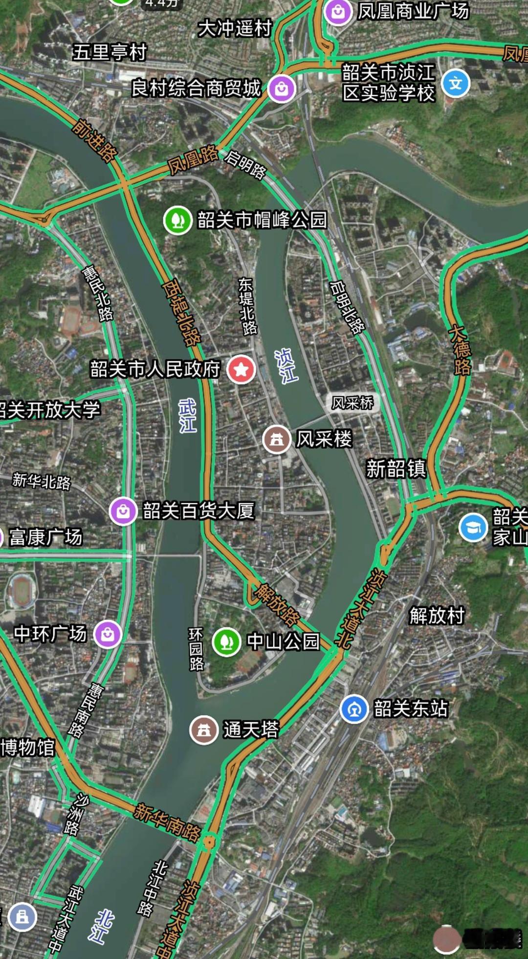 韶关市中心是北江的起点，浈江与武江两大源头交汇，开始叫北江，有趣的是，市中心的两