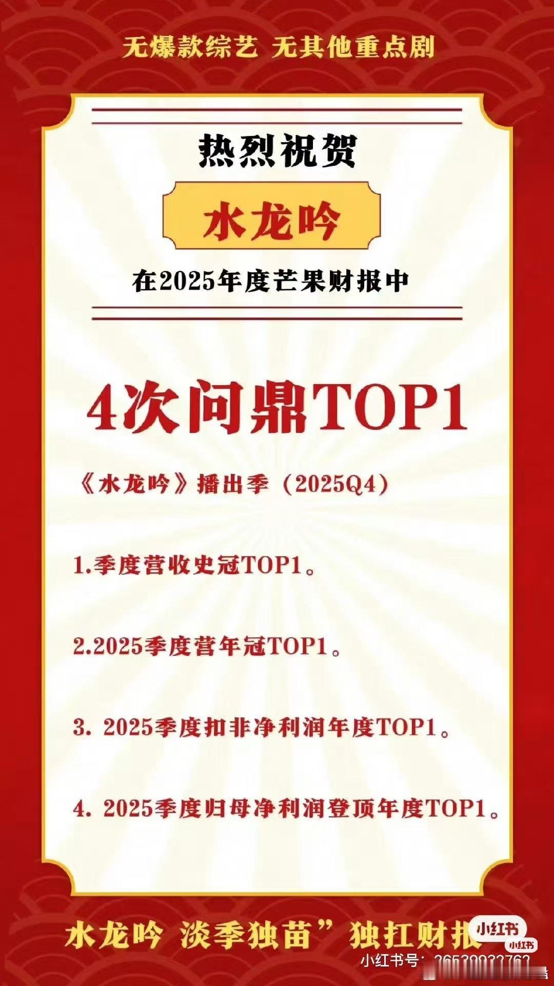 水龙吟在的2025Q4是芒果上市以来15年共60个季度的营收冠军。不是5年，也不