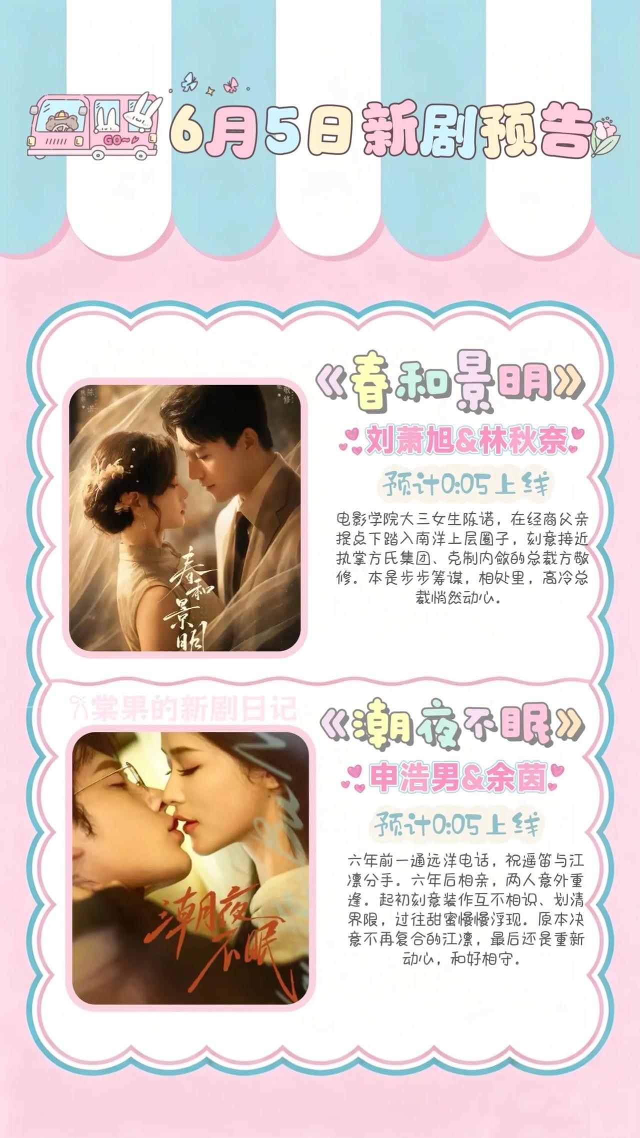 🔥📺6月5日上新短剧汇总✨🔥

第一组

💐《春和景明》
主演：刘萧旭、