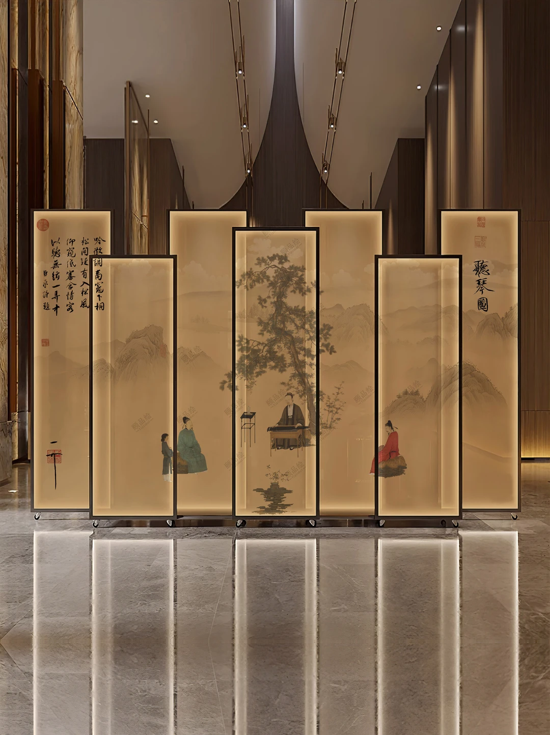 宋式美学丝绢灯光组合式大型屏风隔断背景