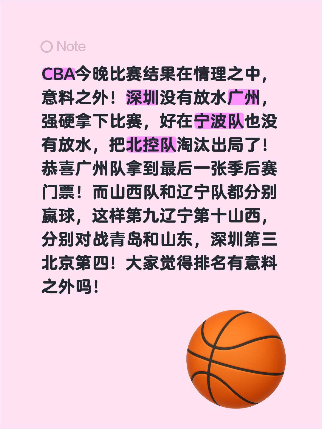 CBA今晚比赛结果在情理之中，意料之外！深圳没有放水广州，强硬拿下比赛，好在宁波