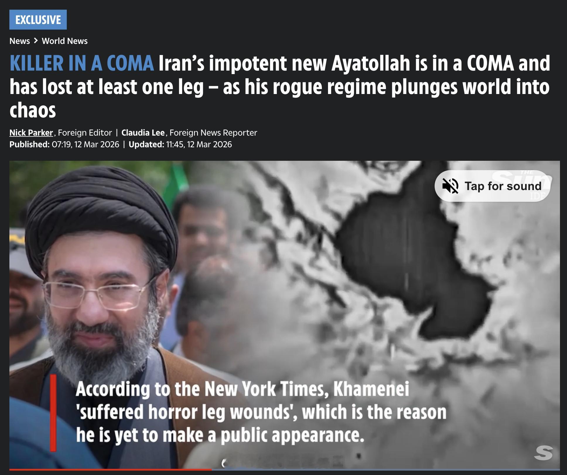 <太阳报>：新任最高领袖 Mojtaba已陷入昏迷，至少失去了一条腿，并且腹部或