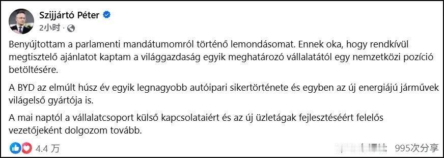 匈牙利前外交部长西雅尔多（Peter Szijjarto）宣布辞去议员职务，加入