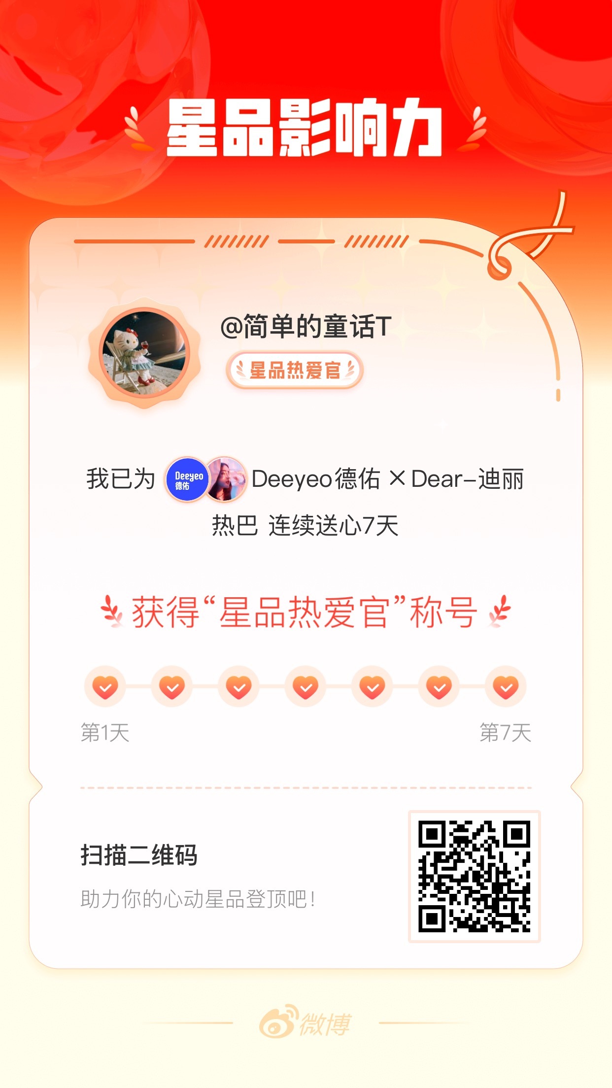 我在星品影响力上为 X 连续送心7天，获得“星品热爱官”称号！快来一起pick你