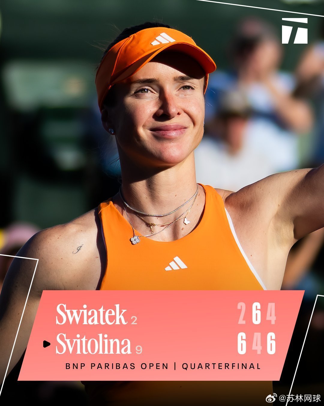 🇺🇦斯维托丽娜6-2/4-6/6-4斯瓦泰克🇵🇱进晋级印第安维尔斯半决赛
