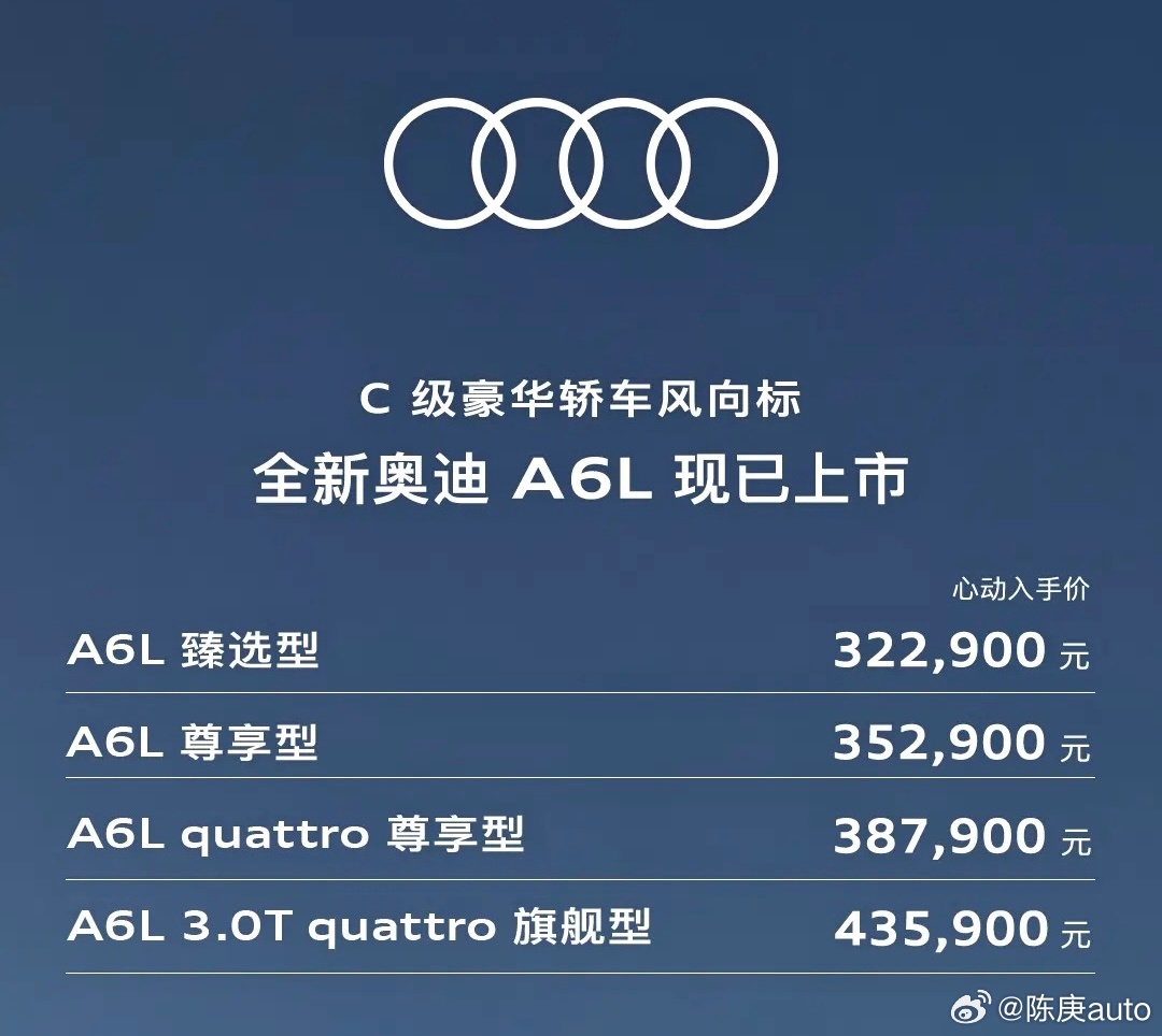 奥迪A6L价格来了：32.29-38.79万，3.0T大六缸43.59万，我是不