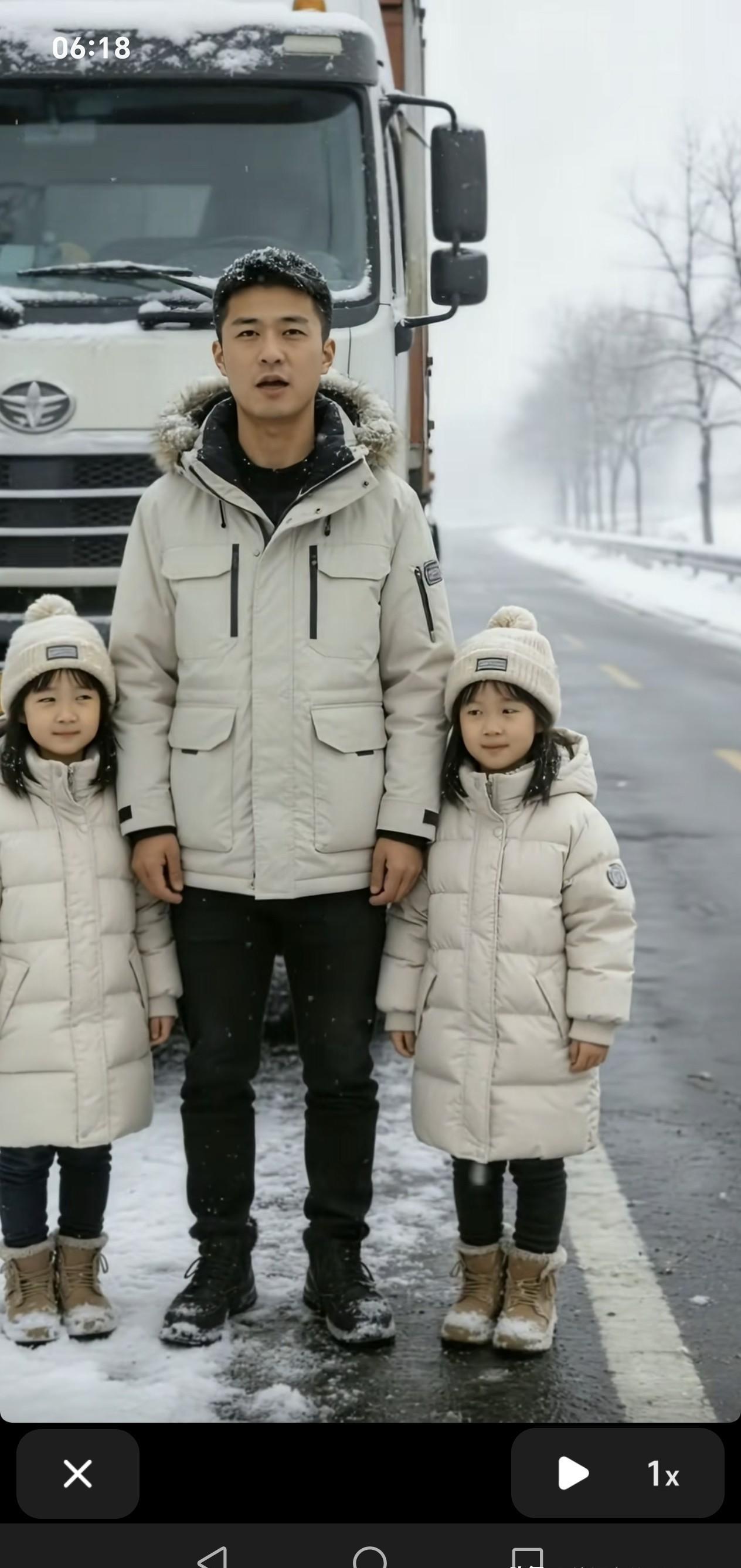 雪后高速上，

孩子在副驾系着安全带，

司机爸爸正握紧方向盘，服

务区热水壶