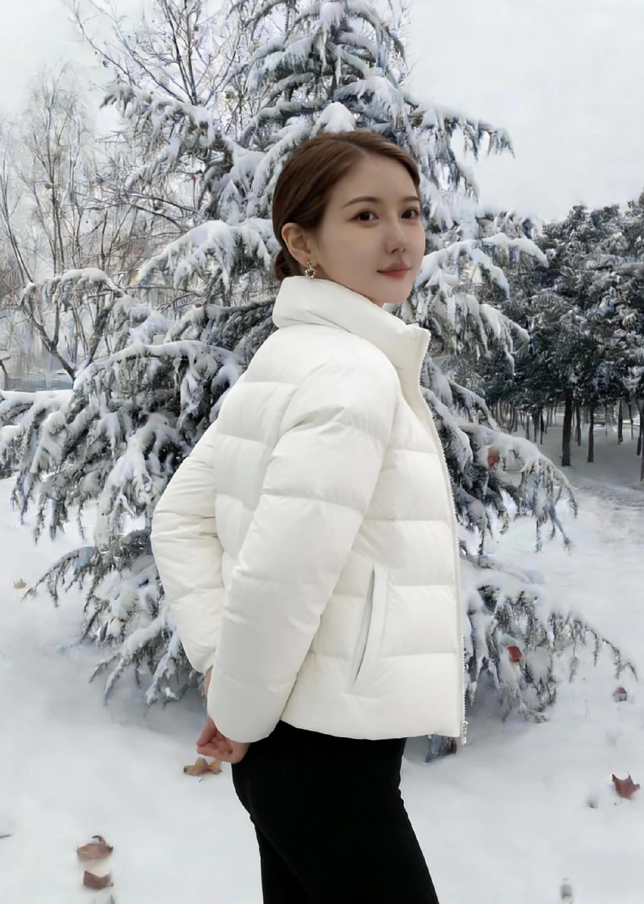 松枝堆雪玉玲珑，素袂佳人立雪中。
一笑眸凝千顷月，漫将寒色化春风。